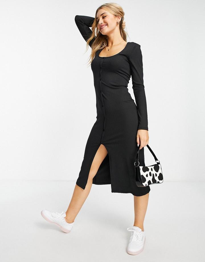 Stradivarius Ribbed Button Detail Midi Dress In Black