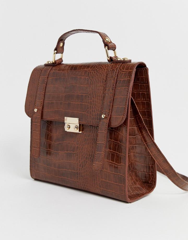 Asos Design Push Lock Satchel In Croc - Tan