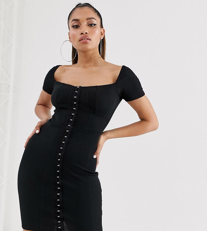 Prettylittlething Petite Bandage Mini Dress With Hook And Eye Detail In Black - Black