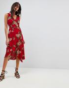 Ax Paris Leaf Print Frill Sleeve Dress - Red