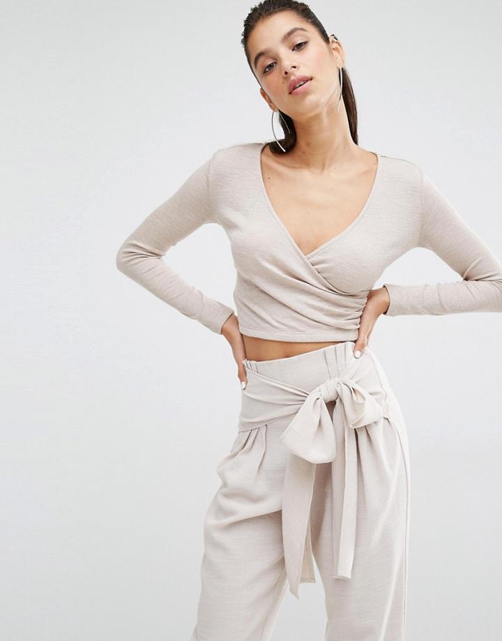 Parallel Lines Wrap Front Long Sleeve Crop Top - Nude