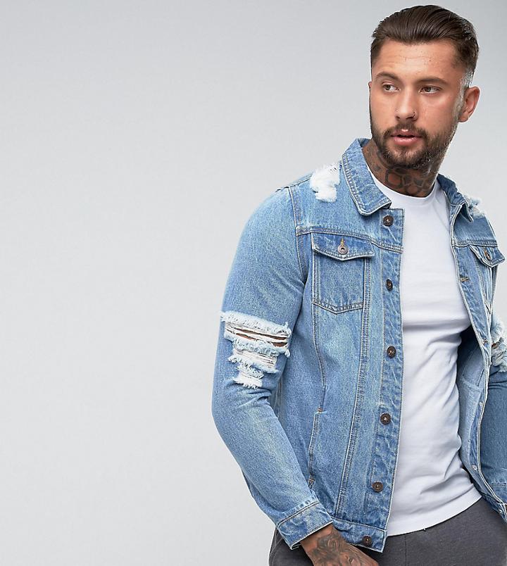 Liquor N Poker Distressed Rip & Repair Jacket - Blue