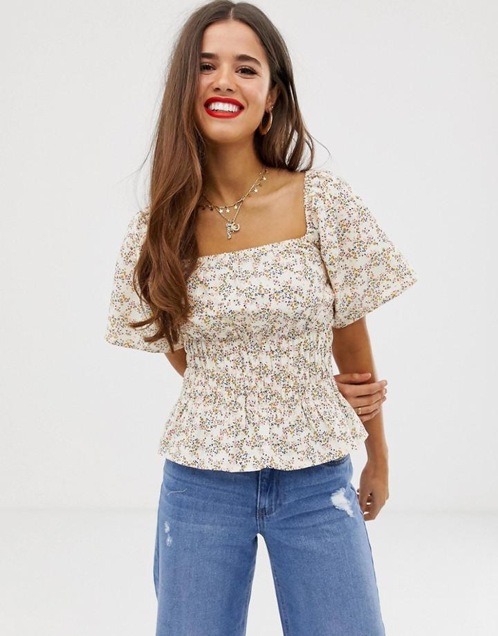 Asos Design Square Neck Shirred Sun Top With Pep Hem In Print - White