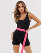 Asos Design Slinky Layered Unitard Swimsuit In Black With Neon Pink Belt - Black