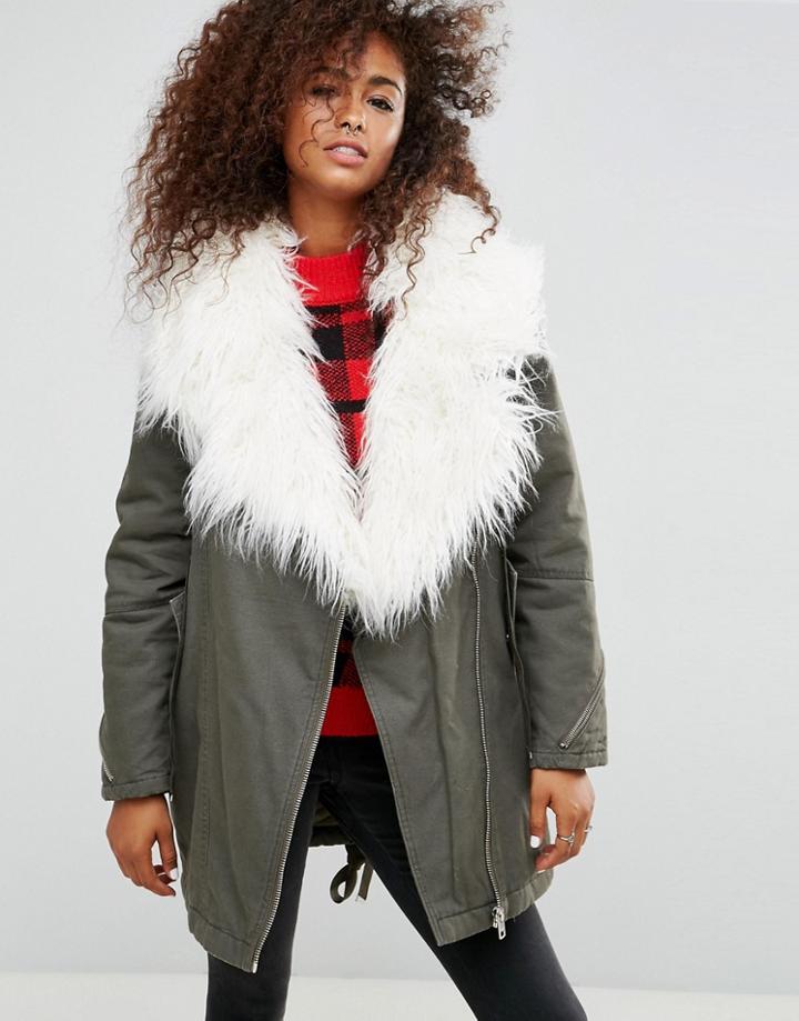 Asos Parka With Faux Mongolian Collar - Green