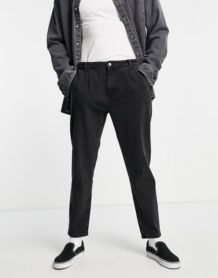 Asos Design Double Pleat Straight Leg Jean In Washed Black