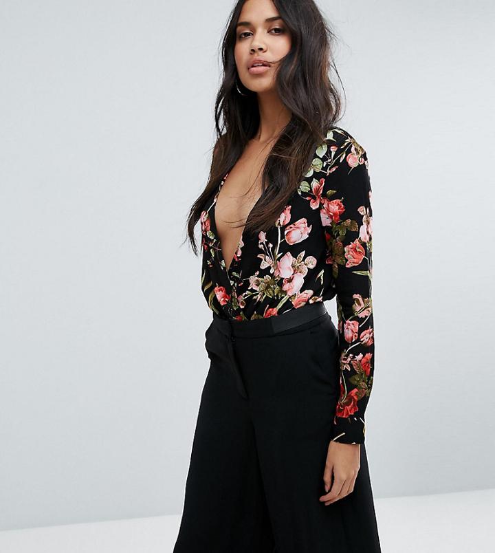 Missguided Floral Plunge Neck Tie Back Body - Black