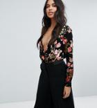 Missguided Floral Plunge Neck Tie Back Body - Black