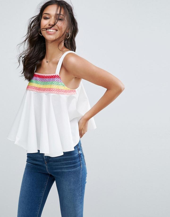 Asos Swing Cotton Sun Top Rainbow Trim - White
