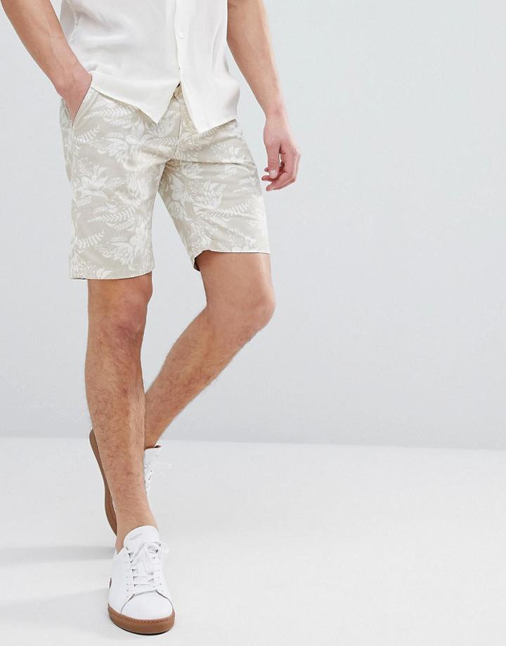 Bellfield Slim Fit Chino Short With Hawaiian Print - Beige