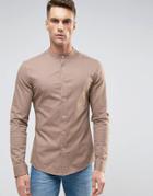 Asos Skinny Shirt With Grandad Collar In Dusty Pink - Pink
