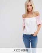Asos Petite T-shirt With Off Shoulder In Stripe & Shirring Ruffle Sleeve - Multi
