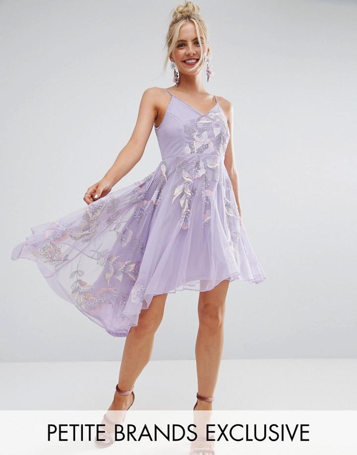 Frock And Frill Petite Embroidered Cami Strap High Low Midi Dress With Plunge Back Detail - Purple
