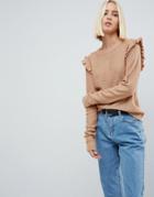 Brave Soul Sweater With Shoulder Frill - Brown