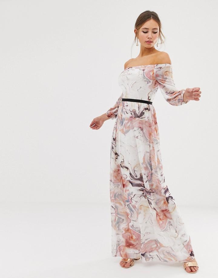 Little Mistress Bardot Long Sleeve Maxi Dress In Floral Print-multi