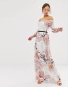 Little Mistress Bardot Long Sleeve Maxi Dress In Floral Print-multi