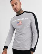 Asos Design Organic Long Sleeve T-shirt With Contrast Shoulder Panel And Chest Print-gray