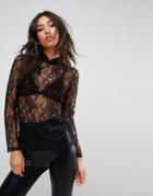 Asos Top In Lace With Mandarin Collar - Black