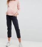 Asos Maternity Barrell Leg Boyfriend Jeans In Washed Black With Knee Rips With Over The Bump Waistband - Black