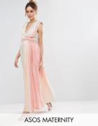Asos Maternity Pastel Stripe Deep Plunge Pleated Maxi Dress - Pink