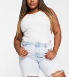 Vero Moda Curve Longline Distressed Hem Denim Shorts In Bleach Wash-blues