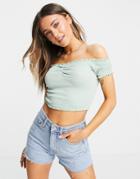New Look Shirred Off-the-shoulder Top In Light Green