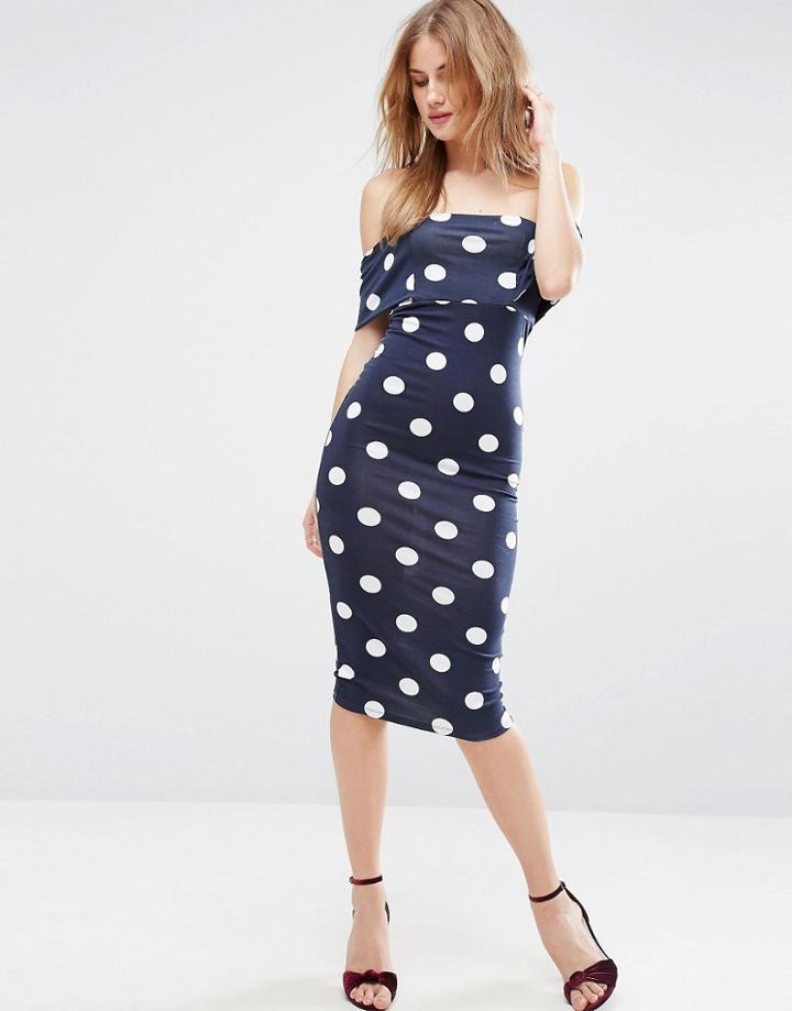 Asos Polka Dot Short Sleeve Bardot Midi Dress - Navy