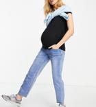 Cotton: On Maternity Overbump Stretch Straight Jean In Mid Wash-blues