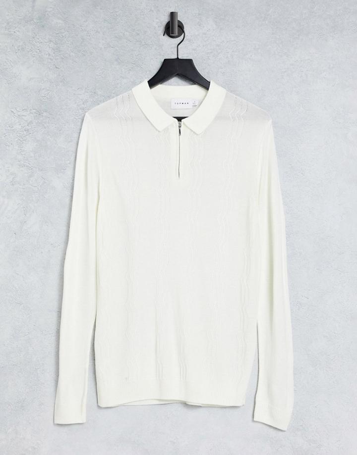 Topman Zigzag Knit Polo In Ecru-white
