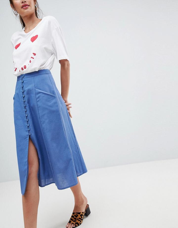 Asos Design Full Midi Skirt With Button Front - Blue