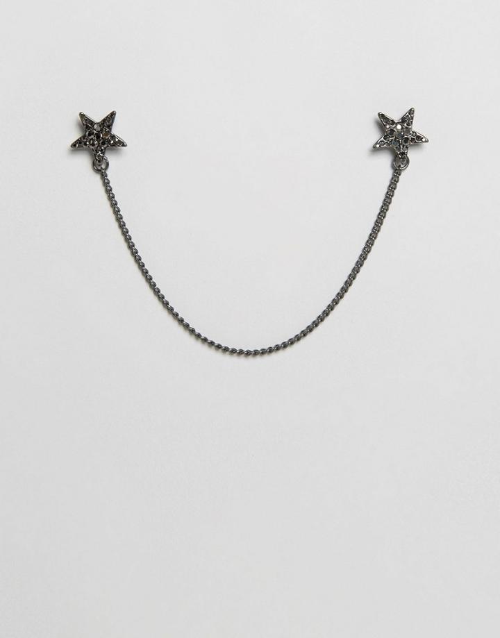 Designb London Star Collar Tips & Chain In Gunmetal - Silver