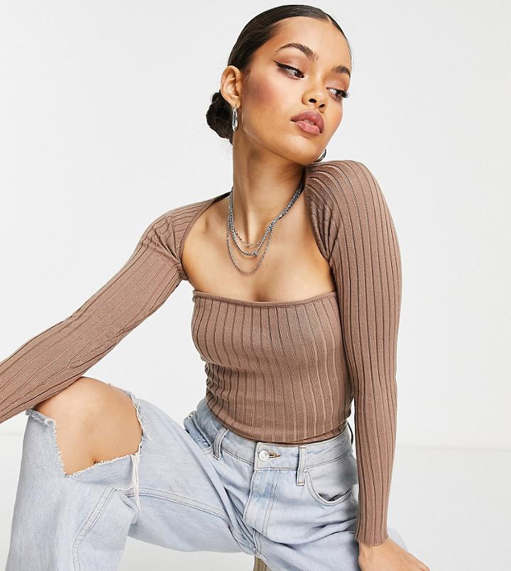 Missguided Petite Ribbed Crop Shrug & Top Set In Brown