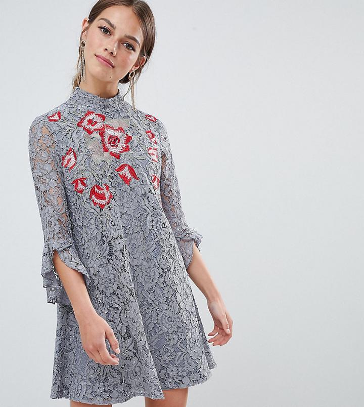 Little Mistress Petite Lace Mini Shift Dress With Embroidery Detail-gray