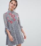 Little Mistress Petite Lace Mini Shift Dress With Embroidery Detail-gray