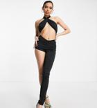 Asyou Cross Halter Jumpsuit With Leg Cut Out In Black