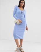 Asos Design Scoop Neck Midi Dress In Rib With Button Detail-blue