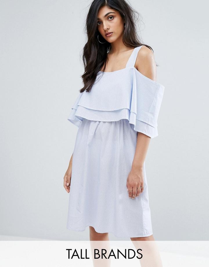 Y.a.s Tall Pinstripe Cold Shoulder Dress With Ruffle Layer - Blue