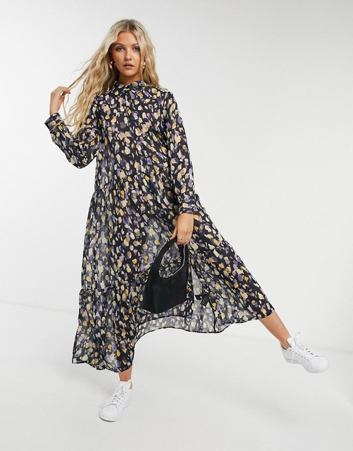 Monki Collina Midi Smock Dress In Blue Print-multi