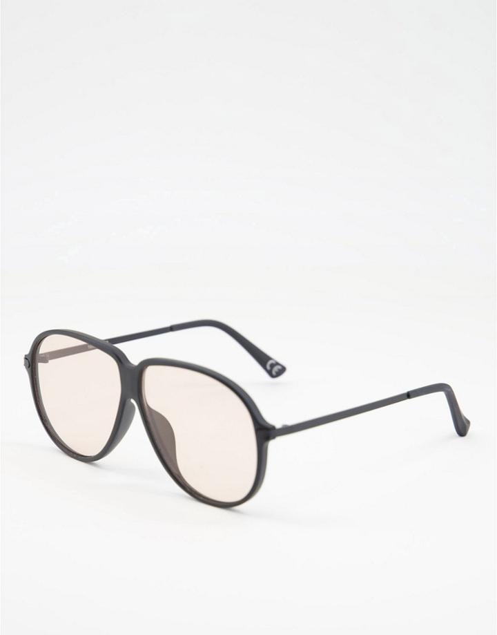 Asos Design Retro Aviator Sunglasses With Black Matte Frame And Pink Lens