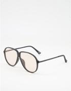 Asos Design Retro Aviator Sunglasses With Black Matte Frame And Pink Lens