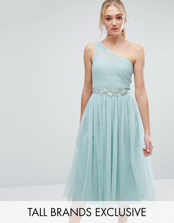 Little Mistress Tall Full Prom Tulle One Shoulder Midi Dress With Lace Applique - Green