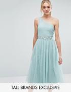 Little Mistress Tall Full Prom Tulle One Shoulder Midi Dress With Lace Applique - Green