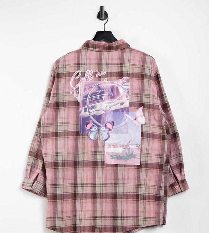 Missguided Petite Oversized Check Shirt With Graphic In Pink