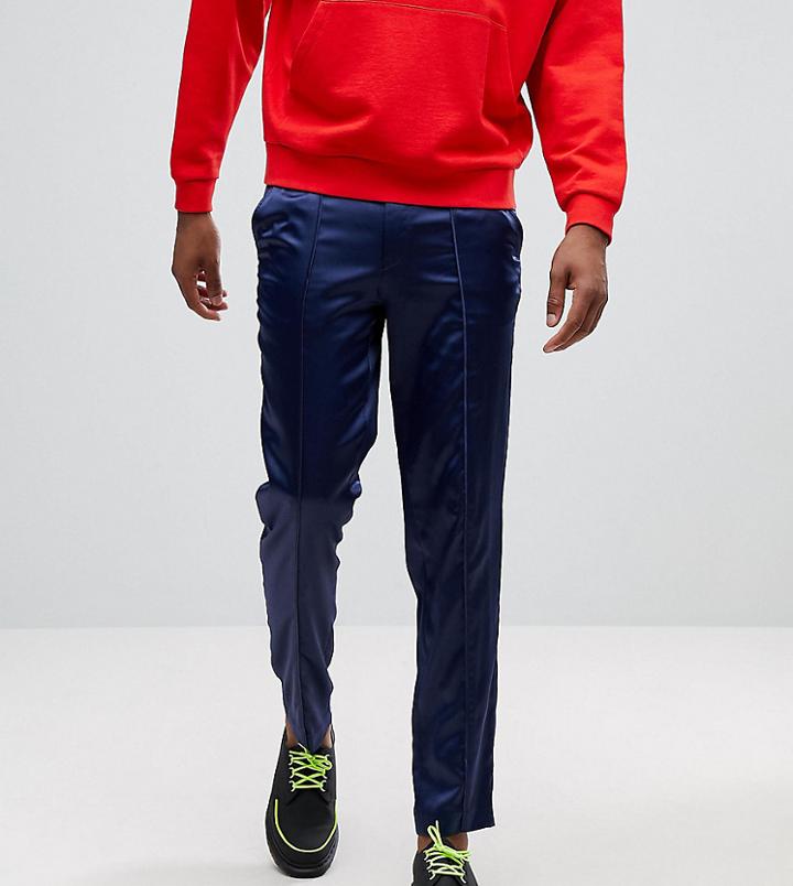Asos Tall Skinny Smart Pants In Navy Sateen With Piping - Navy
