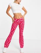 Asos Design Bengaline Flare Pants In Pink And Red Check-blues