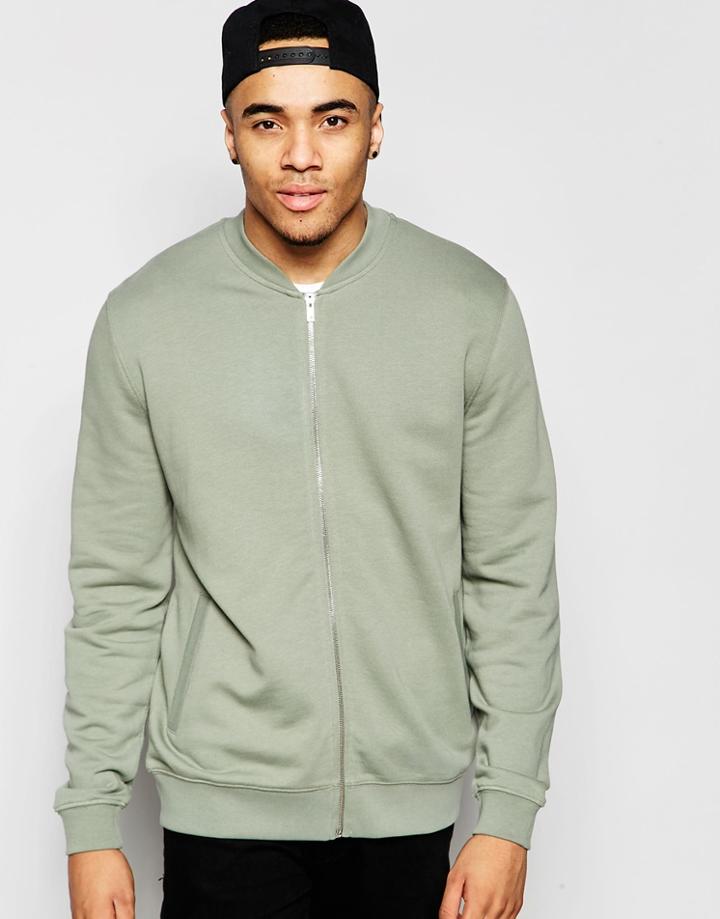 Asos Jersey Bomber Jacket In Washed Khaki - Ball Green