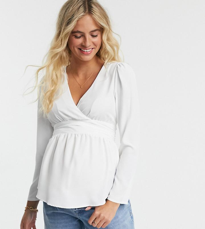 Asos Design Maternity Long Sleeve Wrap Top With Waist Detail In Ivory-white