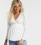 Asos Design Maternity Long Sleeve Wrap Top With Waist Detail In Ivory-white