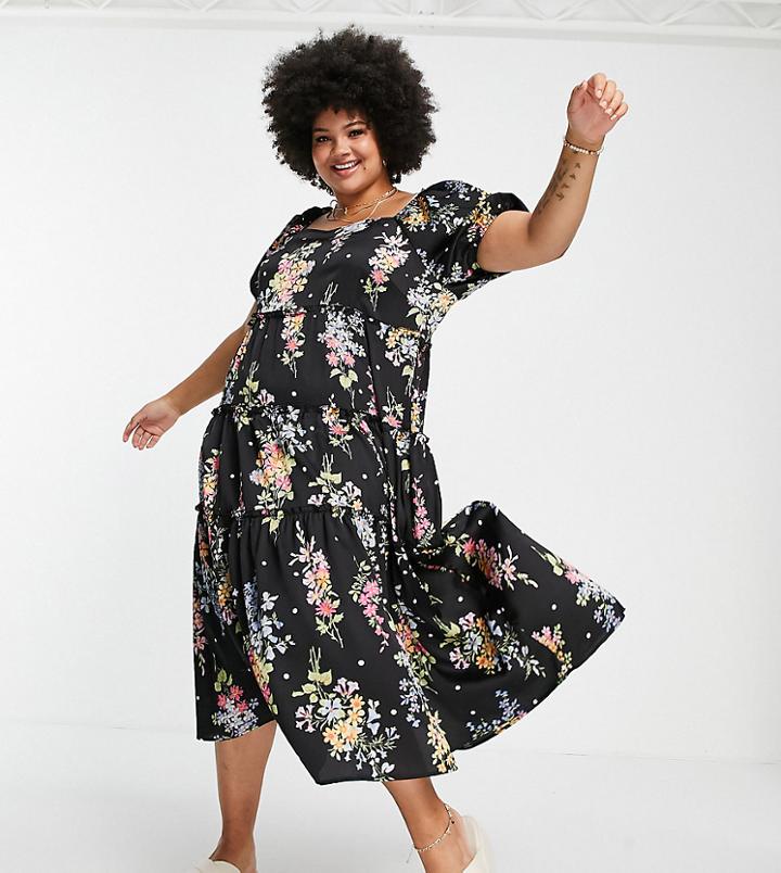 Simply Be Satin Midi Smock Dress With Tiered Hem In Black Floral Print-multi