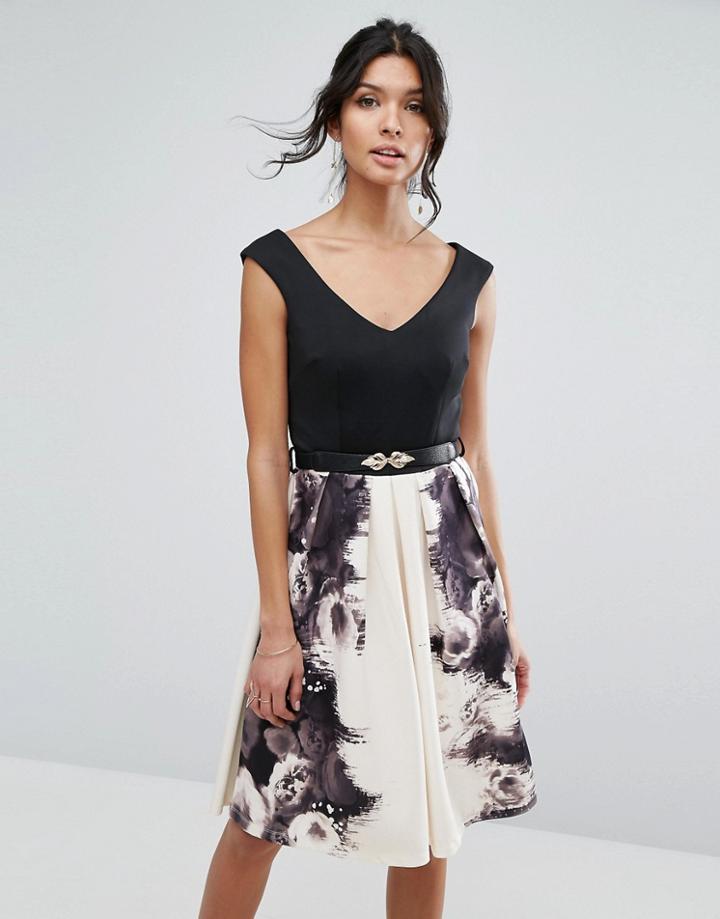 Little Mistress Rose Print Fit And Flare Dress - Black